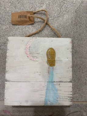 Hand-Painted Moon Girl Wood Wall Art - White, Blue, Gold about 7” by 7”